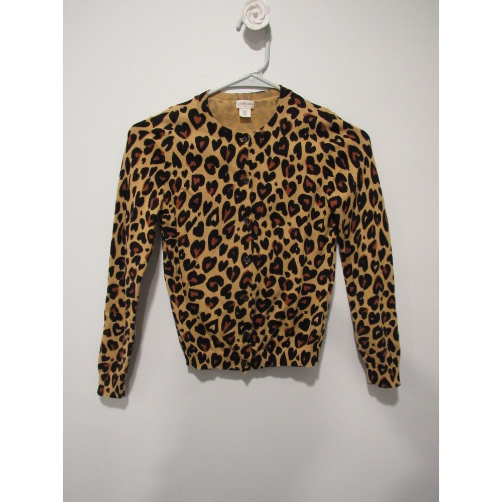 Crewcuts J.Crew Girls Leopard Heart Print Cotton Cardigan Sweater Tan Brown 12